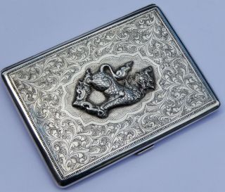 Fine and Rare Antique Burmese Chinthe (Dog of Fo) Solid Silver Cigarette Case 2