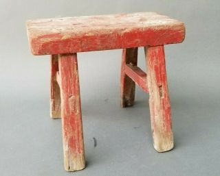 Antique Primitive Hand Made Milking Stool In Red Paint
