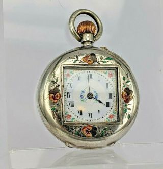 Swiss Silver & Enamel Antique Pocket Watch With Unusual Square Centre