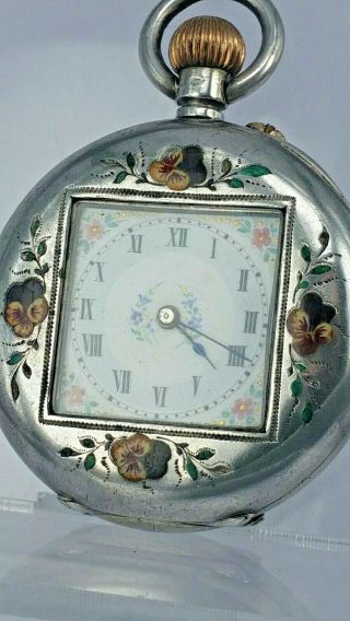 Swiss silver & enamel antique pocket watch with unusual square centre 2