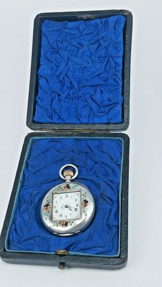 Swiss silver & enamel antique pocket watch with unusual square centre 3