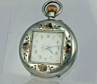 Swiss silver & enamel antique pocket watch with unusual square centre 4
