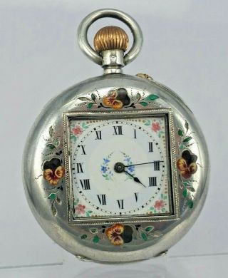 Swiss silver & enamel antique pocket watch with unusual square centre 6