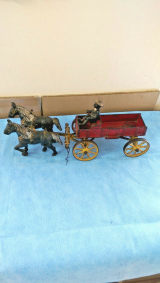 Antique Kenton Cast Iron Horse Drawn Wagon Buck Board W/black Driver