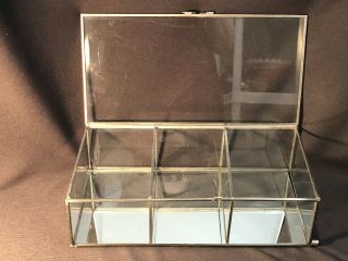 Vintage Glass Tabletop Display Case Shadow Box Glass & Brass Mirror Hinged Lid
