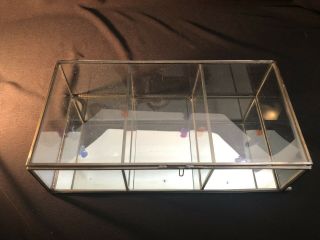 Vintage Glass Tabletop Display Case Shadow Box Glass & Brass Mirror Hinged Lid 3