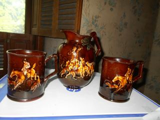 Antique Royal Doulton Kingsware Fox Hunt Pitcher& Mugs Rare Lovely Raised Relief