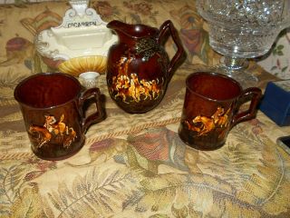 Antique Royal Doulton Kingsware Fox Hunt Pitcher& Mugs Rare Lovely raised Relief 2