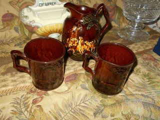 Antique Royal Doulton Kingsware Fox Hunt Pitcher& Mugs Rare Lovely raised Relief 3