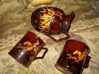 Antique Royal Doulton Kingsware Fox Hunt Pitcher& Mugs Rare Lovely raised Relief 4