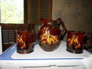 Antique Royal Doulton Kingsware Fox Hunt Pitcher& Mugs Rare Lovely raised Relief 8