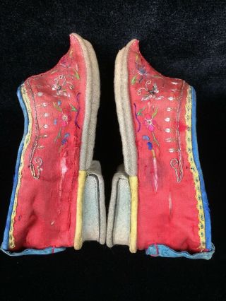 Antique Chinese Red Silk Embroidered Lotus Shoes Bound Feet Shoes 5 "