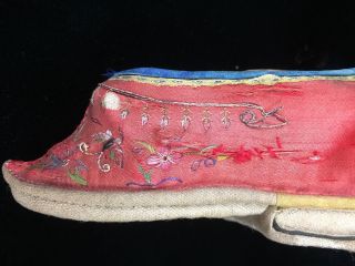 Antique Chinese Red Silk Embroidered Lotus Shoes Bound Feet Shoes 5 