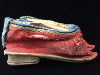 Antique Chinese Red Silk Embroidered Lotus Shoes Bound Feet Shoes 5 