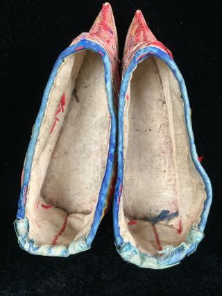 Antique Chinese Red Silk Embroidered Lotus Shoes Bound Feet Shoes 5 