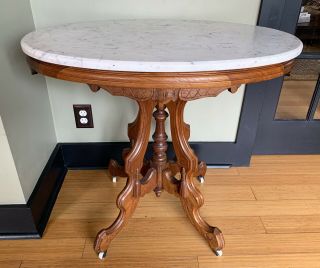 Victorian Carved Walnut Marble Top Center Or Parlor Table.