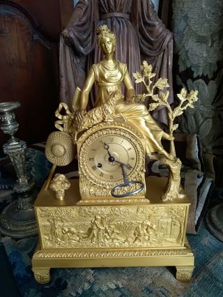French Antique Gold Bronze Clock Empire 19 Th