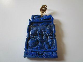 Vintage Chinese Or Japanese Carving Sculpture 14k Gold Necklace Pendant Lapis