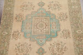 Antique Geometric Muted Oriental Distressed Area Rug Pale Turquoise Beige 8x11