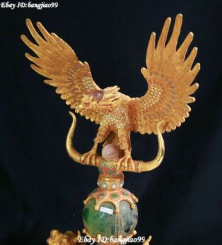 Old Bronze 24K Gold Gem Dragon Pixiu Beast Eagle Hawk Bird Cat ' s eye Stone Bead 6