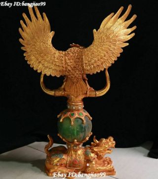 Old Bronze 24K Gold Gem Dragon Pixiu Beast Eagle Hawk Bird Cat ' s eye Stone Bead 7