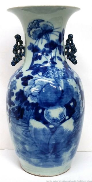 Antique 16.  5in Chinese Qing Blue White Porcelain Figural Handle Massive Vase