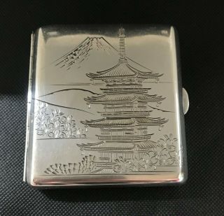 Japanese 950 Sterling Silver Cigarette Case.  Engraved Temple And Mt.  Fuji