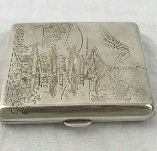 Japanese 950 Sterling Silver Cigarette Case.  Engraved Temple and Mt.  Fuji 3