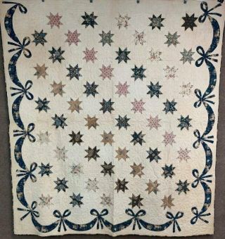 Early C 1830 - 40s Star Quilt Antique Swags Tassel 60 Stars Brillant Blue