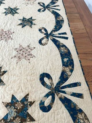 Early c 1830 - 40s Star Quilt Antique Swags Tassel 60 STARs Brillant Blue 6