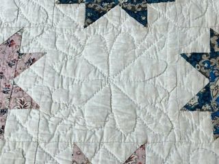 Early c 1830 - 40s Star Quilt Antique Swags Tassel 60 STARs Brillant Blue 7