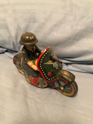 Vintage Sato Military Police Motorcycle And Rider Tin Friction Toy 1950 