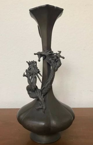 Antique Chinese Bronze Metal Applied Dragon Vase 12” Marked 2