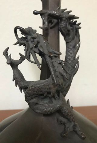 Antique Chinese Bronze Metal Applied Dragon Vase 12” Marked 4