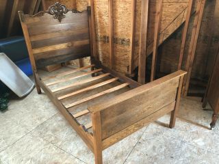 Antique Victorian Solid Oak Twin Size Bed With Wood Side Rails