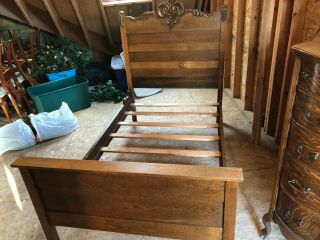 Antique Victorian Solid Oak Twin size Bed with wood side rails 3