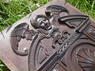 STUNNING 19thc GOTHIC MAHOGANY PANEL CARVED WITH MALE DARK ANGEL & FEMALE HEAD 11