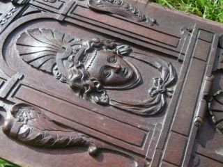 STUNNING 19thc GOTHIC MAHOGANY PANEL CARVED WITH MALE DARK ANGEL & FEMALE HEAD 12