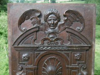 Stunning 19thc Gothic Mahogany Panel Carved With Male Dark Angel & Female Head