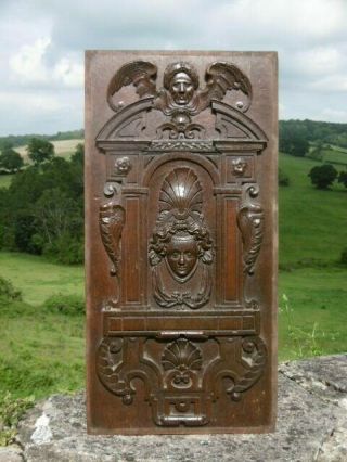STUNNING 19thc GOTHIC MAHOGANY PANEL CARVED WITH MALE DARK ANGEL & FEMALE HEAD 3