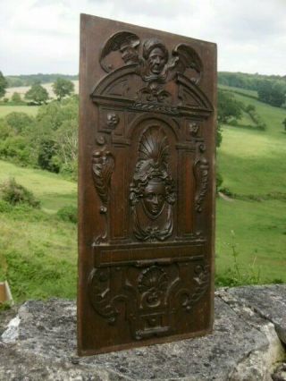 STUNNING 19thc GOTHIC MAHOGANY PANEL CARVED WITH MALE DARK ANGEL & FEMALE HEAD 4