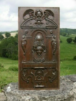 STUNNING 19thc GOTHIC MAHOGANY PANEL CARVED WITH MALE DARK ANGEL & FEMALE HEAD 8