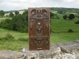 STUNNING 19thc GOTHIC MAHOGANY PANEL CARVED WITH MALE DARK ANGEL & FEMALE HEAD 9