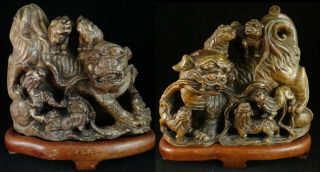 Pr.  Antique Chinese Soapstone Carvings,  Foo Lions W/pups,  Stands C.  19th/20th C