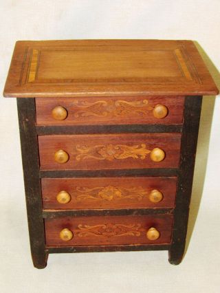 Antique Miniature Folk Art Inlaid Chest Of Drawers 1890 - 1910