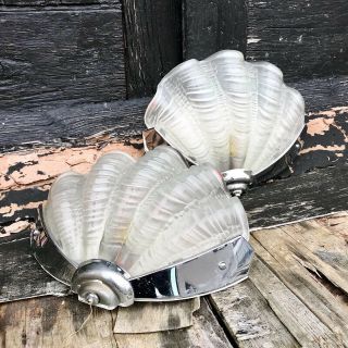 Vintage Art Deco Chrome & Glass Clam Shell Wall Lights Reclaimed Salvage