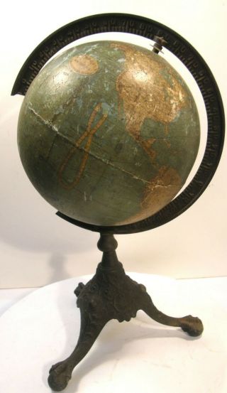 Antique Rand Mcnally 8 " Terrestrial World Globe W/clawfoot Tripod Iron Stand