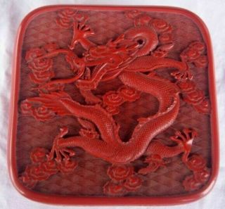 Antique Chinese Red Laquer / Cinnabar Laquered Box With Dragon