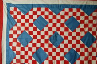 PATRIOTIC Vintage 1910s Red White & Blue Irish Chain Antique Quilt Top VIBRANT 2