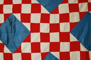 PATRIOTIC Vintage 1910s Red White & Blue Irish Chain Antique Quilt Top VIBRANT 3